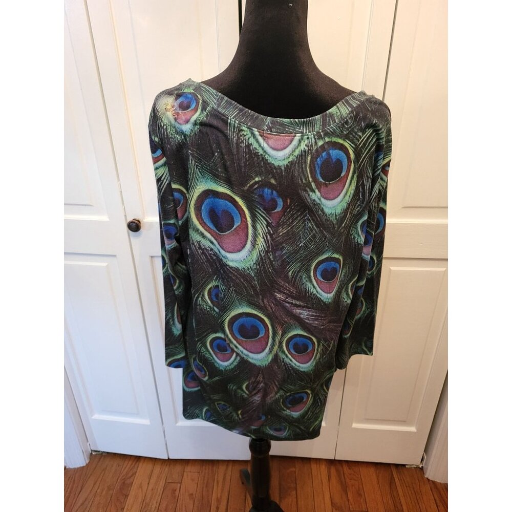 Green/Purple Peacock Print Tunic Rhinestones Handkerchief Hem L Mardi Gras Boho - Picture 2 of 9